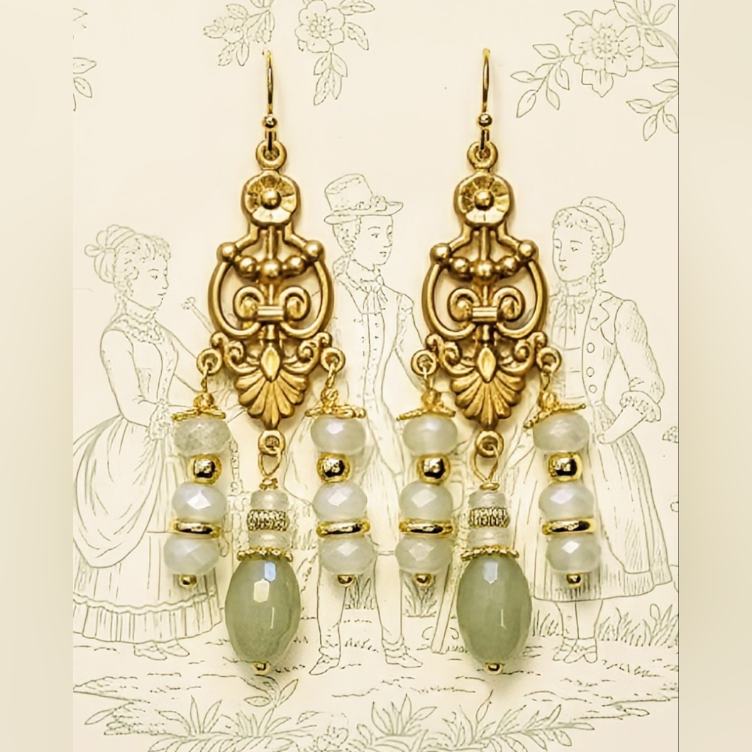 Natural Green Jade In Victorian Chandelier Three Strand Gold Plated Earrings